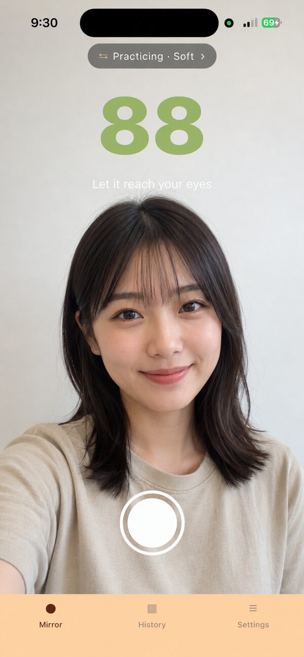 Mira 的鏡子畫面:即時微笑分數 88,提示「讓笑意延伸到眼睛」